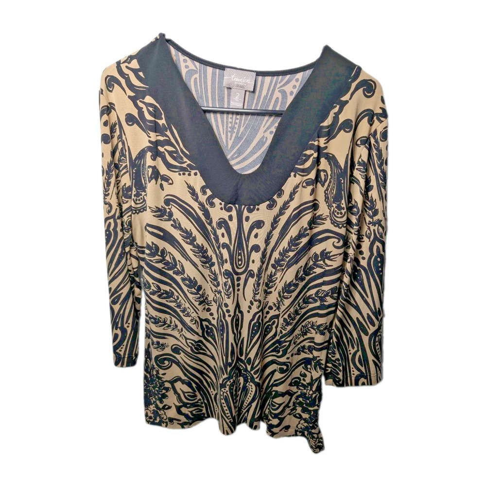 Chicos Travelers Womens Large 1 Black Tan Floral Abstract Blouse Artsy Shirt Top